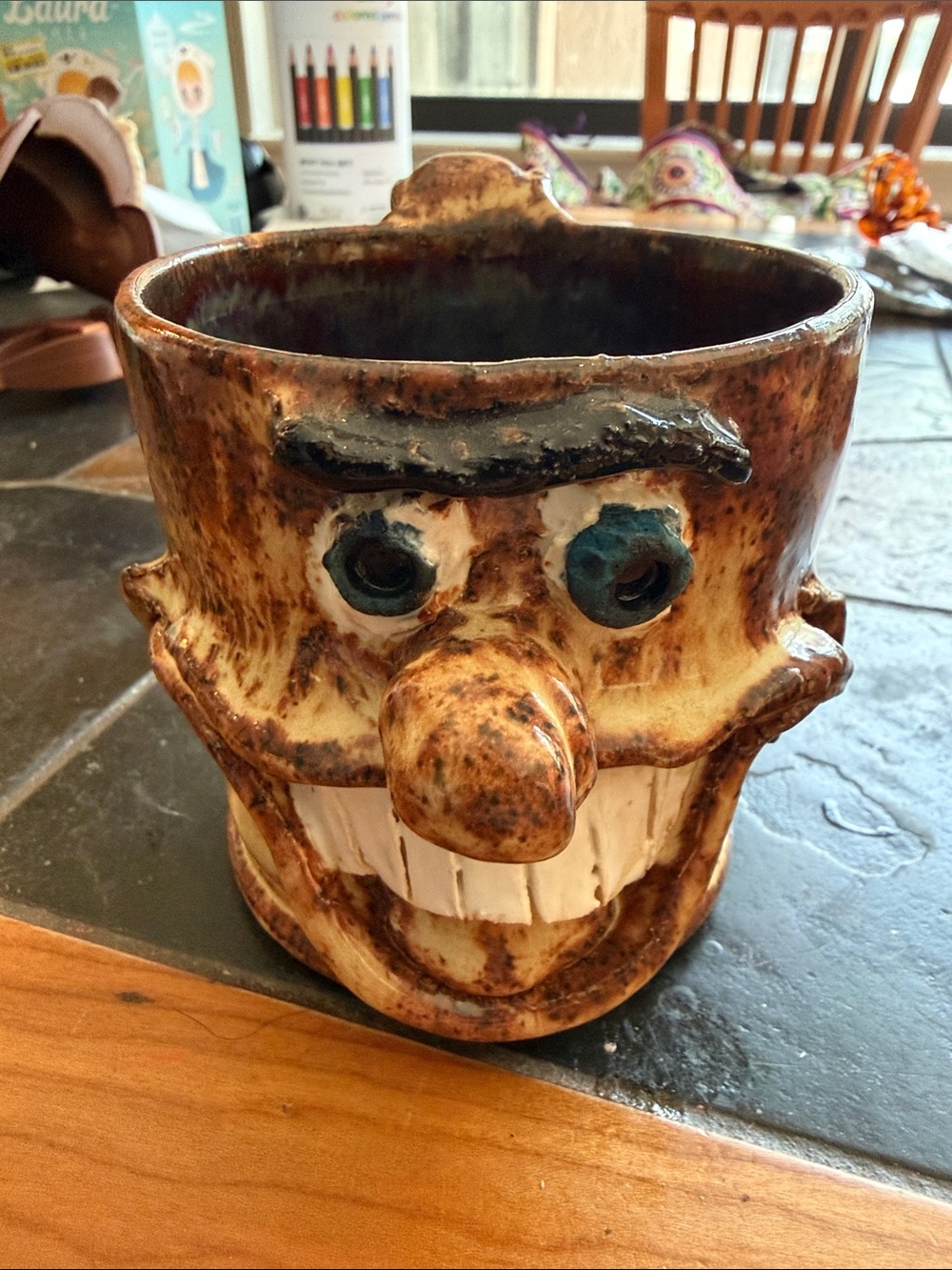 Ugly face mug cup vintage signed folk art collectable ceramic handmade blue eyes